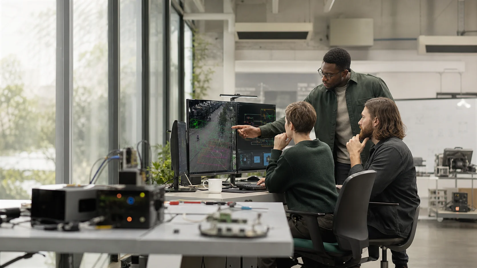 Engineers evaluating computer vision and edge computing systems in a research laboratory